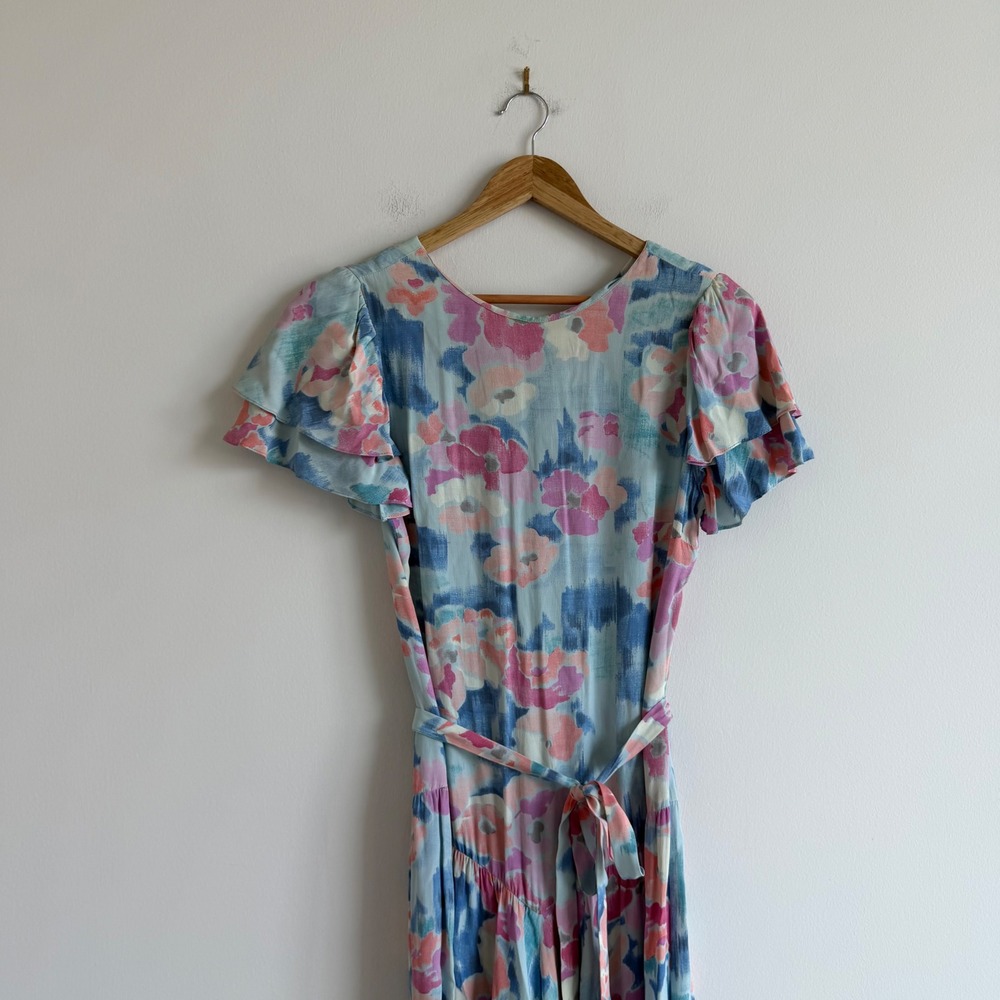 Vintage 90s Jane Schaffhausen Belle France Print Drop Waist Midi Dress Size 10